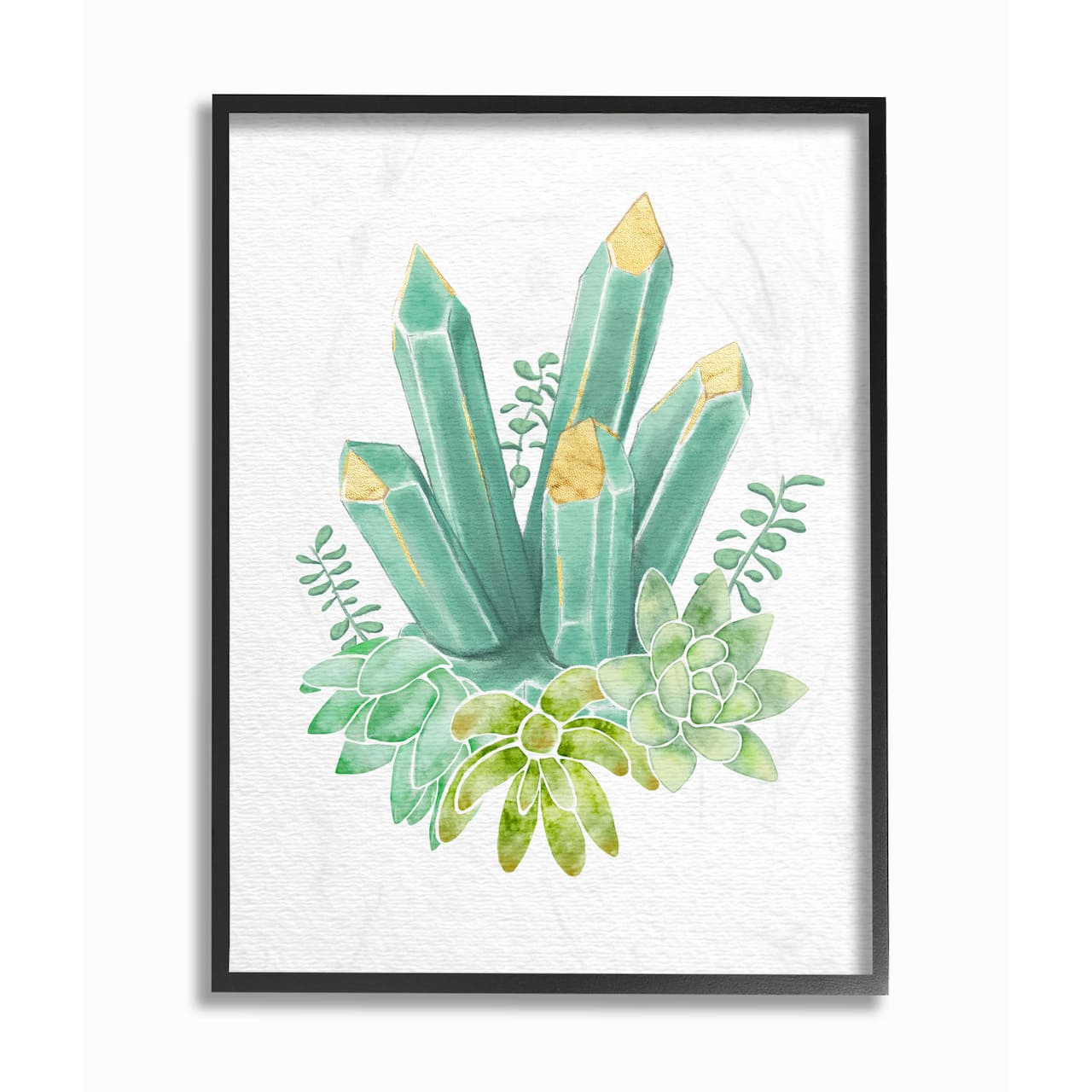 Stupell Industries Succulent Crystal Flower Green Blue Watercolor Painting in Black Frame Wall Art